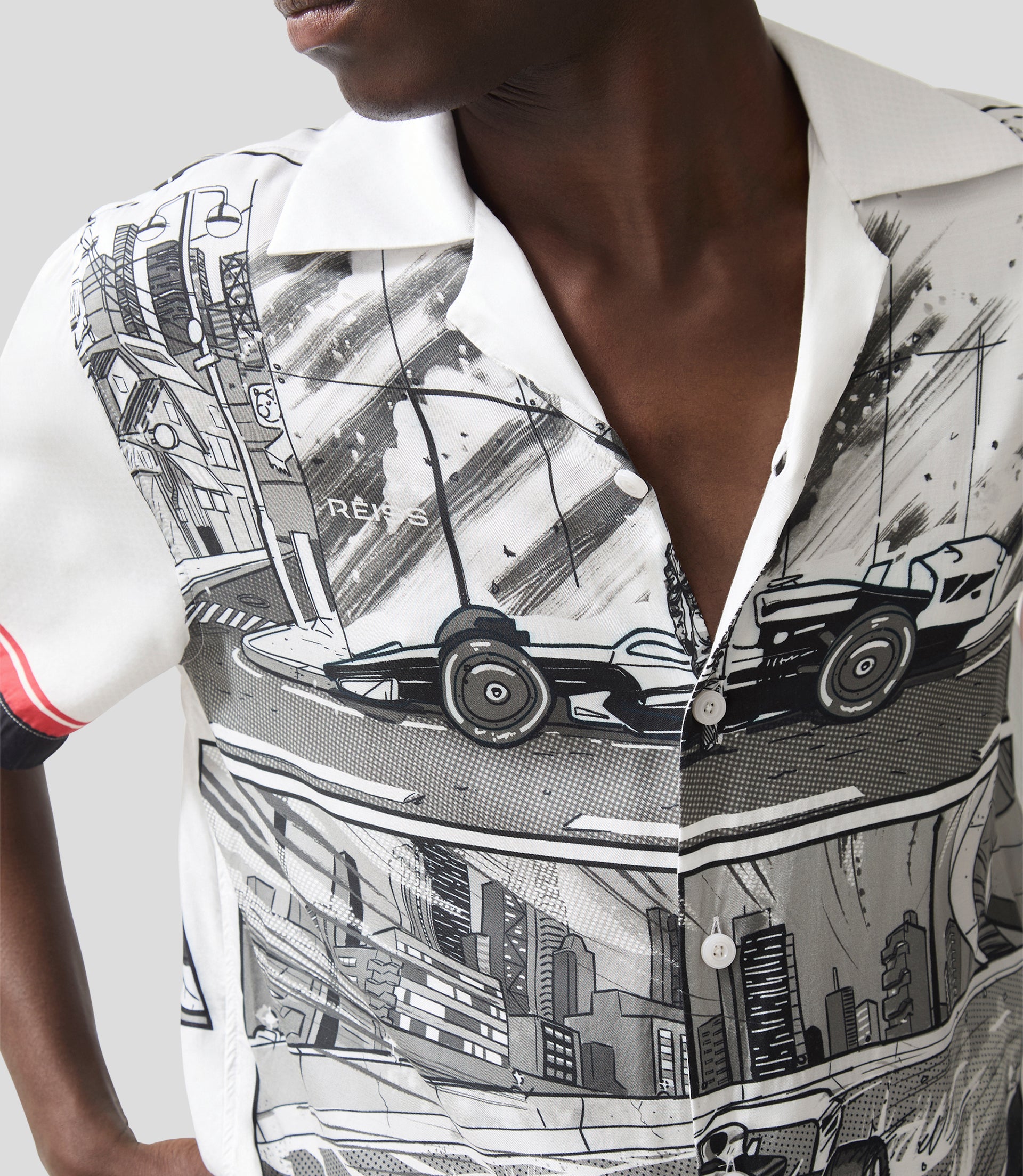 Reiss Mens Suzuka GP Print Cuban Shirt - Black/White 4 Reiss Mens Suzuka GP Print Cuban Shirt - Black/White