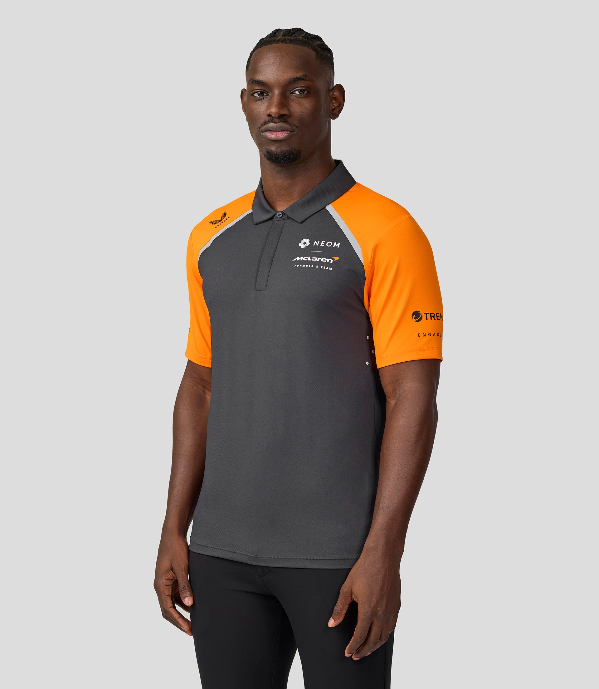Official Mens NEOM McLaren Formula E Teamwear Polo Shirt - Phantom/Papaya